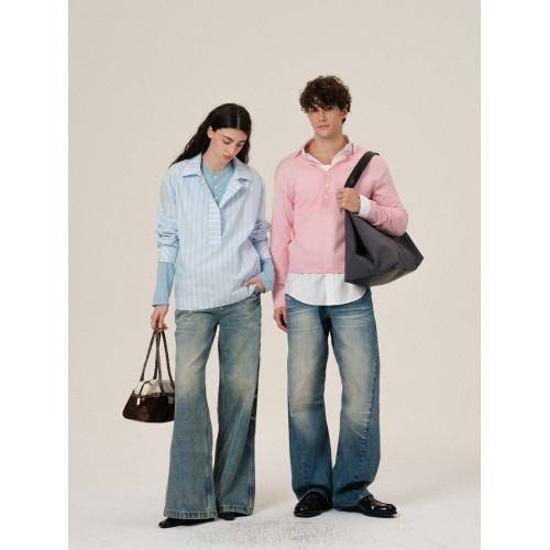 Retro 21 R21 雙色亨利領羊毛針織長袖微寬松輕薄打底衫