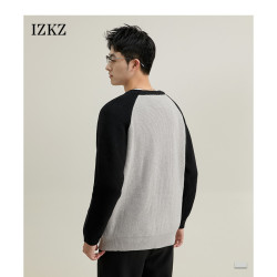 izkz男士長袖針織毛衣秋冬季2024新款拼色圓領打底衫高級簡約衛衣