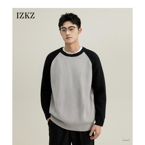 izkz男士長袖針織毛衣秋冬季2024新款拼色圓領打底衫高級簡約衛衣