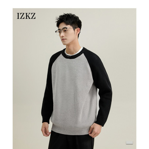 izkz男士長袖針織毛衣秋冬季2024新款拼色圓領打底衫高級簡約衛衣