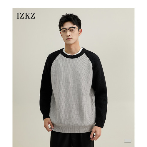 izkz男士長袖針織毛衣秋冬季2024新款拼色圓領打底衫高級簡約衛衣