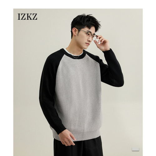 izkz男士長袖針織毛衣秋冬季2024新款拼色圓領打底衫高級簡約衛衣