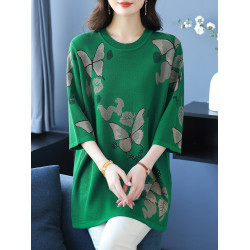 中年媽媽裝針織衫女薄款夏冰絲寬松大碼洋氣遮肉顯瘦七分袖打底衫