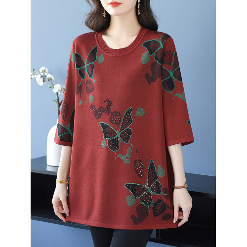 中年媽媽裝針織衫女薄款夏冰絲寬松大碼洋氣遮肉顯瘦七分袖打底衫