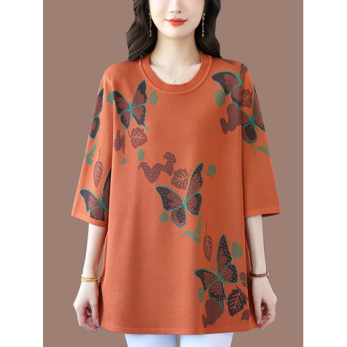 中年媽媽裝針織衫女薄款夏冰絲寬松大碼洋氣遮肉顯瘦七分袖打底衫