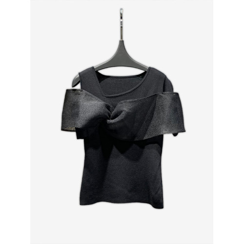 繁雲調黑色蝴蝶結拼接針織衫女2025夏新款修身顯瘦氣質打底衫上衣