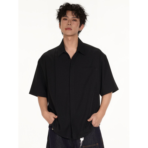 Genio Lamode抗皺純色短袖襯衫男夏季美式解搆打底衫寬松半袖襯衣