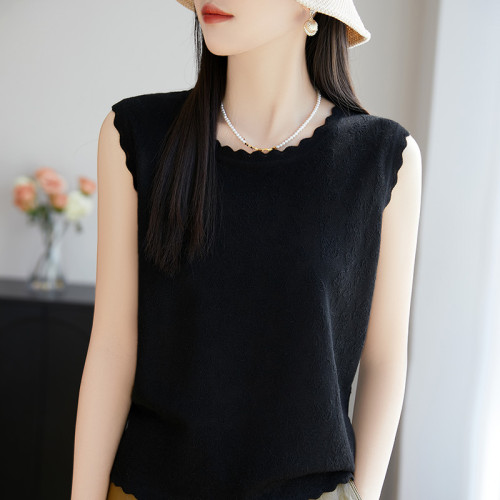 花邊圓領羊毛打底衫夏季洋氣提花寬松百搭無袖內搭背心針織上衣女