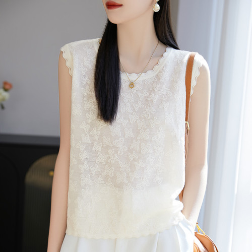 花邊圓領羊毛打底衫夏季洋氣提花寬松百搭無袖內搭背心針織上衣女