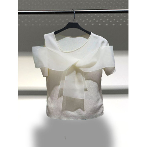 白色蝴蝶結拼接針織衫女三彩虹2025夏顯瘦打底衫上衣S25216410M20