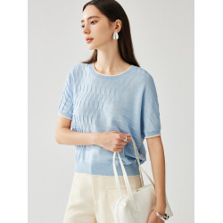 兆君馬卡龍桑蠶絲短袖幾何分割圓領女25春夏針織衫寬松上衣打底衫