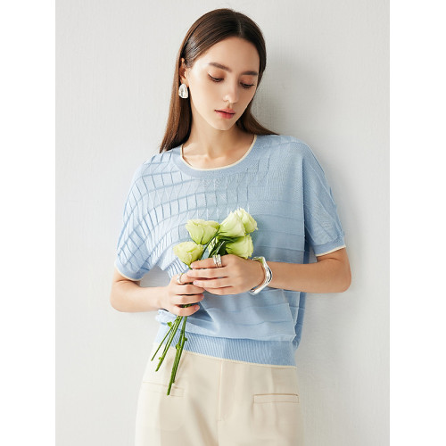 兆君馬卡龍桑蠶絲短袖幾何分割圓領女25春夏針織衫寬松上衣打底衫