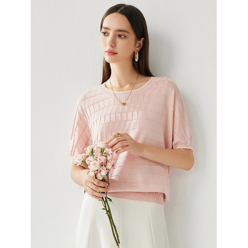 兆君馬卡龍桑蠶絲短袖幾何分割圓領女25春夏針織衫寬松上衣打底衫