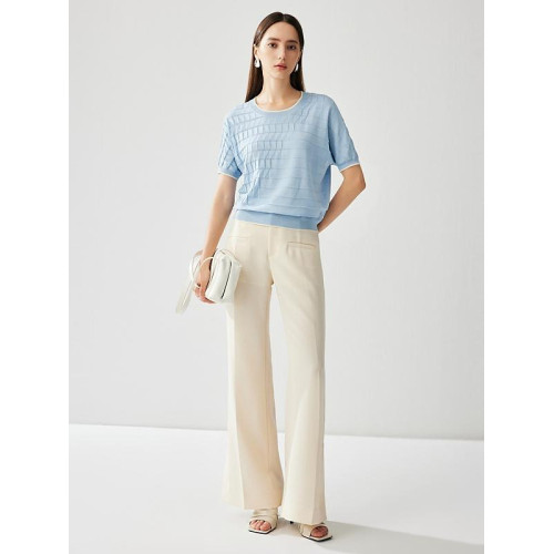 兆君馬卡龍桑蠶絲短袖幾何分割圓領女25春夏針織衫寬松上衣打底衫