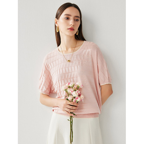 兆君馬卡龍桑蠶絲短袖幾何分割圓領女25春夏針織衫寬松上衣打底衫