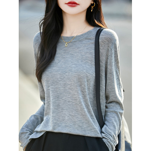 精仿薄款水溶羊毛衫女圓領春秋寬松純色針織長袖內外搭休閒打底衫