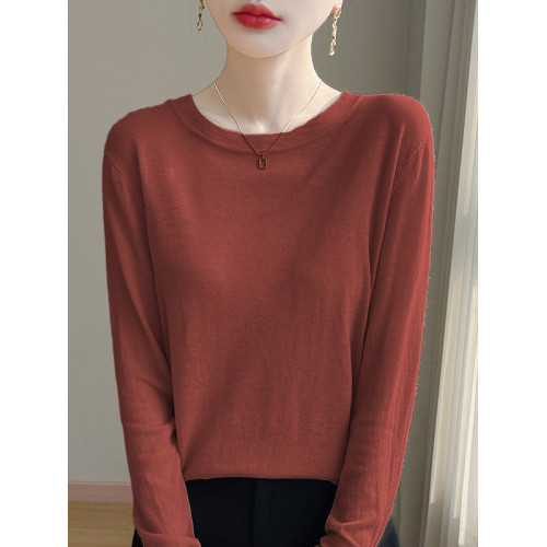 精仿薄款水溶羊毛衫女圓領春秋寬松純色針織長袖內外搭休閒打底衫