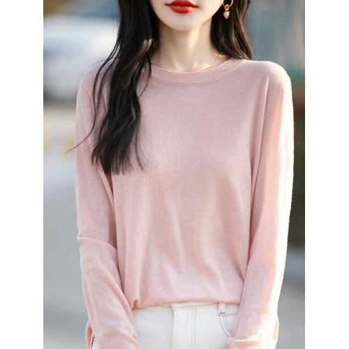 精仿薄款水溶羊毛衫女圓領春秋寬松純色針織長袖內外搭休閒打底衫