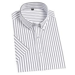 夏季潮牌彈力短袖襯衫男細條紋商務休閒襯衣男免燙抗皺釦領打底衫