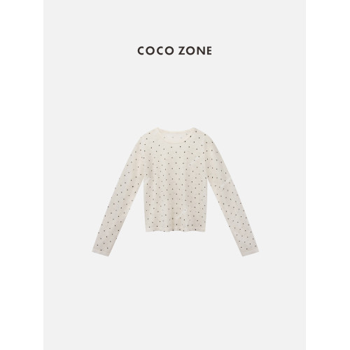 COCO ZONE 劉一一2025春夏麻感波點輕薄針織衫顯瘦長袖上衣打底衫