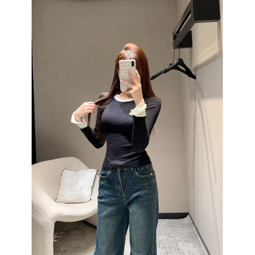 南油時裝 2025夏季新款假兩件薄款長袖針織衫圓領修身打底衫上衣