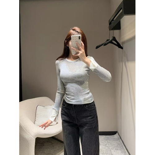 南油時裝 2025夏季新款假兩件薄款長袖針織衫圓領修身打底衫上衣