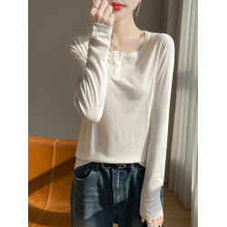 慵懶風~設計感半開V領萊賽爾天絲針織衫女純色簡約百搭長袖打底衫