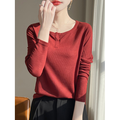 慵懶風~設計感半開V領萊賽爾天絲針織衫女純色簡約百搭長袖打底衫