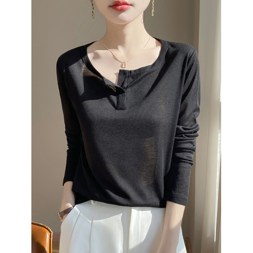 慵懶風~設計感半開V領萊賽爾天絲針織衫女純色簡約百搭長袖打底衫