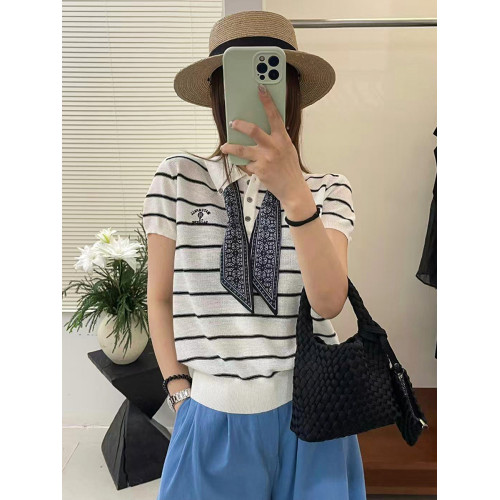 奧萊專櫃女裝配絲巾翻領冰絲針織衫寬松顯瘦上衣洋氣打底衫潮