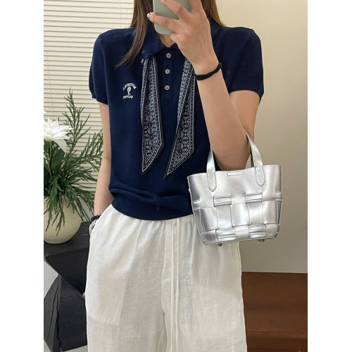 奧萊專櫃女裝配絲巾翻領冰絲針織衫寬松顯瘦上衣洋氣打底衫潮