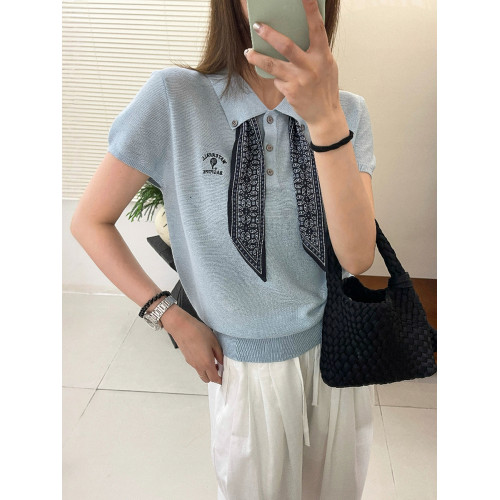 奧萊專櫃女裝配絲巾翻領冰絲針織衫寬松顯瘦上衣洋氣打底衫潮