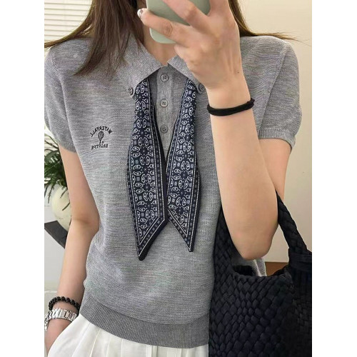 奧萊專櫃女裝配絲巾翻領冰絲針織衫寬松顯瘦上衣洋氣打底衫潮