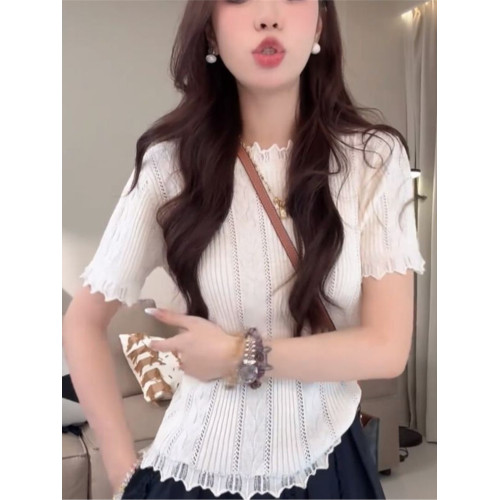 奧萊折釦店撤櫃剪標小衆炸街高級感女裝歐若風短袖針織打底衫百搭