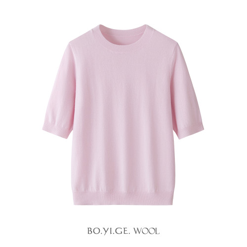 2025秋冬新品100%綿羊毛圓領短袖女士針織毛衣基礎打底衫修身百搭