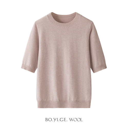 2025秋冬新品100%綿羊毛圓領短袖女士針織毛衣基礎打底衫修身百搭