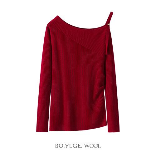 2025秋冬新款100%綿羊毛針織女士V領露肩長袖針織打底衫修身顯瘦