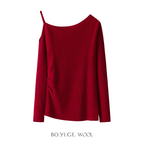 2025秋冬新款100%綿羊毛針織女士V領露肩長袖針織打底衫修身顯瘦