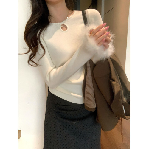 UKILAU春裝新品設計感鏤空長袖內搭上衣女修身顯瘦百搭針織打底衫