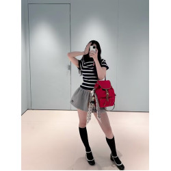 25SS早秋新款上新 藏藍白條紋立領針織短袖 修身顯瘦上衣打底衫