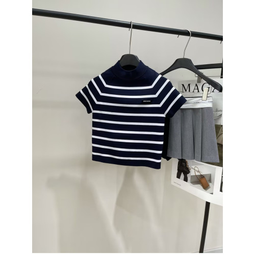 25SS早秋新款上新 藏藍白條紋立領針織短袖 修身顯瘦上衣打底衫