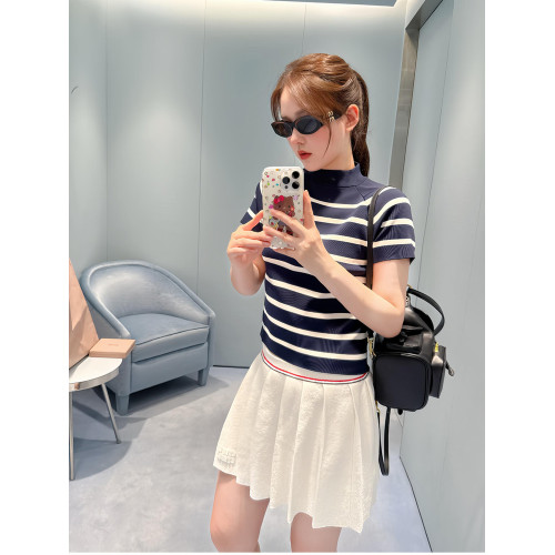 25SS早秋新款上新 藏藍白條紋立領針織短袖 修身顯瘦上衣打底衫