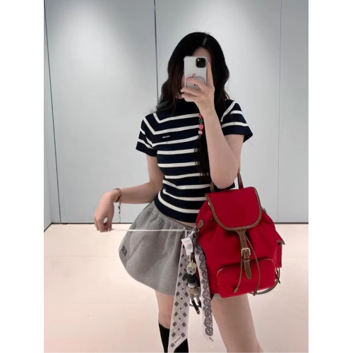 25SS早秋新款上新 藏藍白條紋立領針織短袖 修身顯瘦上衣打底衫