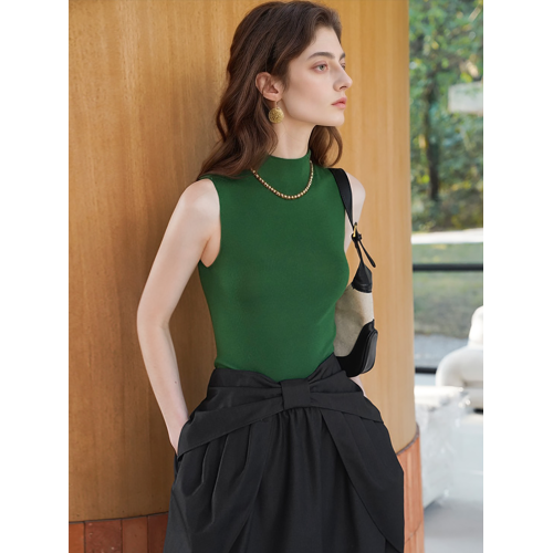 綠色半高圓領無袖打底衫女夏修身內搭無縫一體美麗諾羊毛針織背心