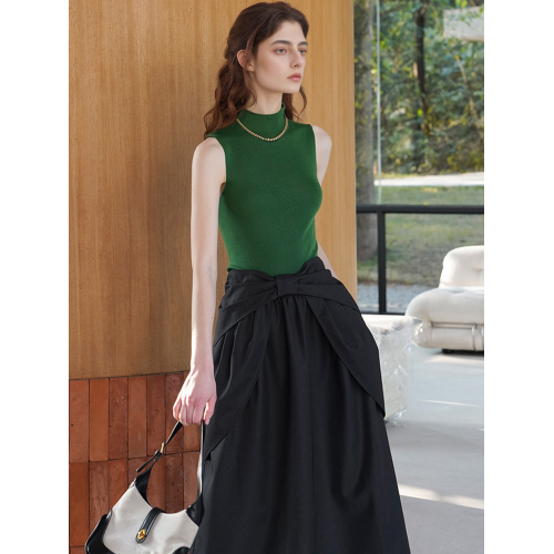 綠色半高圓領無袖打底衫女夏修身內搭無縫一體美麗諾羊毛針織背心