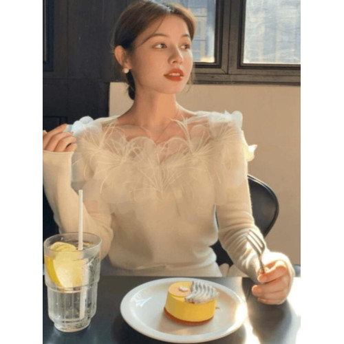 阿瑪施女裝2025春秋新款一字領拼接網紗鏤空花瓣羊毛針織打底衫