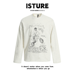 ISTURE美式復古卡通印花圓領長衣情侶簡約寬松休閒長袖百搭打底衫