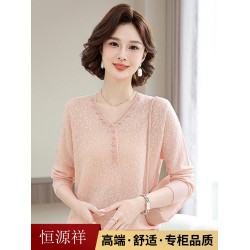 恒源祥中年媽媽秋裝上衣時尚洋氣針織毛衫中年婦女春秋長袖打底衫