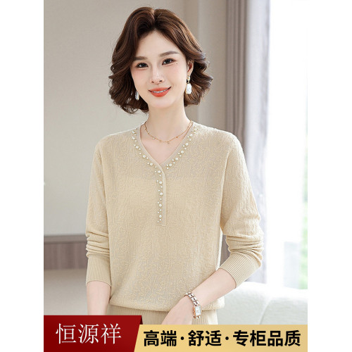 恒源祥中年媽媽秋裝上衣時尚洋氣針織毛衫中年婦女春秋長袖打底衫