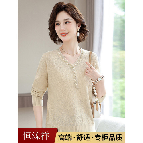 恒源祥中年媽媽秋裝上衣時尚洋氣針織毛衫中年婦女春秋長袖打底衫